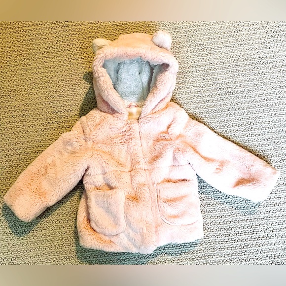 Cat & Jack Girls 3t Cozy Pink Faux Fur Jacket Coat With Hooded Ears! - Picture 1 of 6